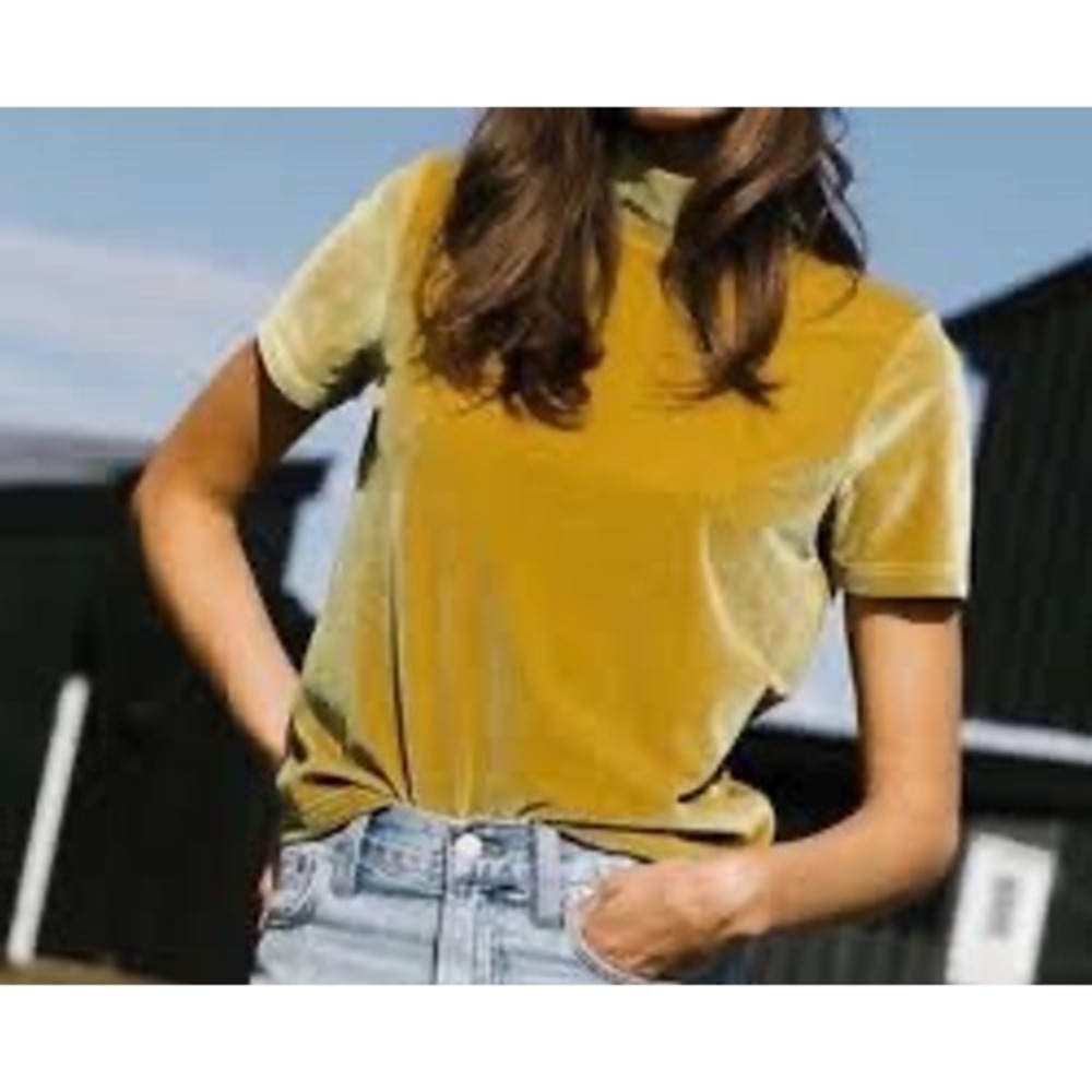Madewell Mustard Goldenrod Yellow Velvet Mock Neck Short Sleeve Top Small